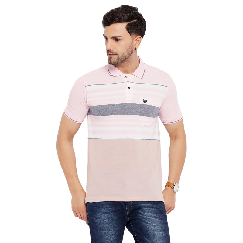Duke Stardust Men Half Sleeve Polo Neck Cotton T-shirt (LF5880) Powder Pink / XXL / Striped