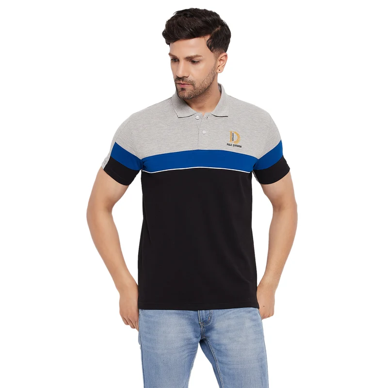 Duke Stardust Men Polo Neck Half Sleeve Cotton T-shirt (1149) M.Grey Melange / L / Color Block