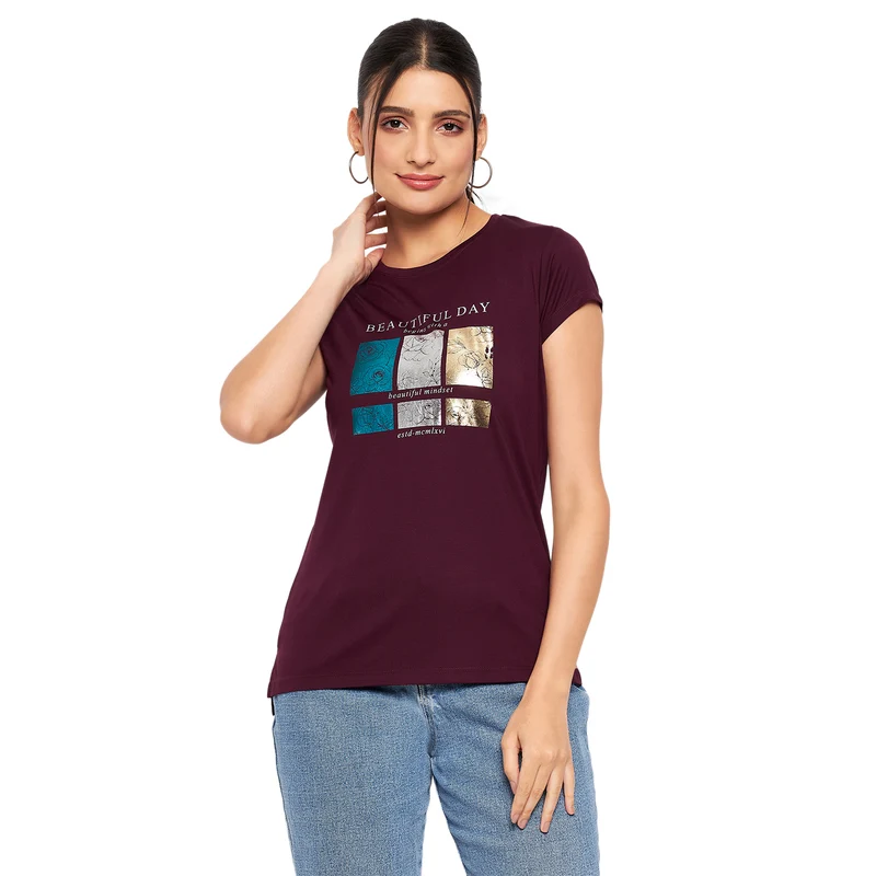 Duke Stardust Women Round Neck Short Sleeve Printed Top (LFX897) Wine / L / Printed