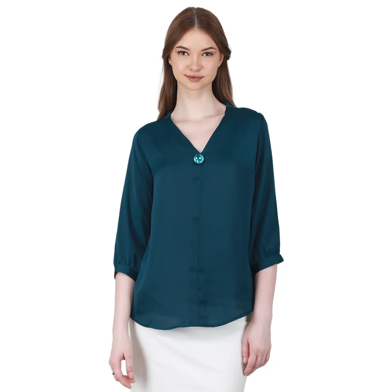 Duke Stardust Women V Neck Solid Top (SDX3280) Teal / L / Solid