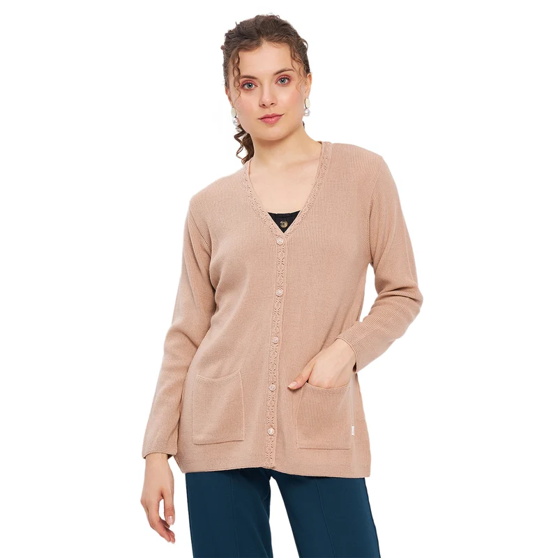 Duke Urban Women Full Sleeve Solid Cardigan (LQS9612) Beige / XXL / Solid