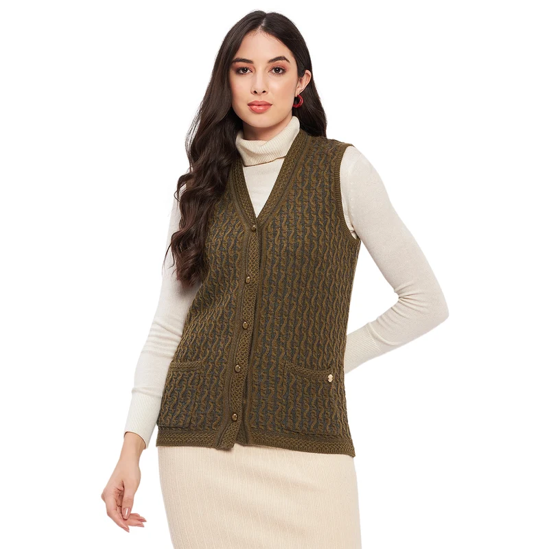 Duke Urban Women Sleeveless Self Design Cardigan (LQS9785) Olive / XL / Self Design