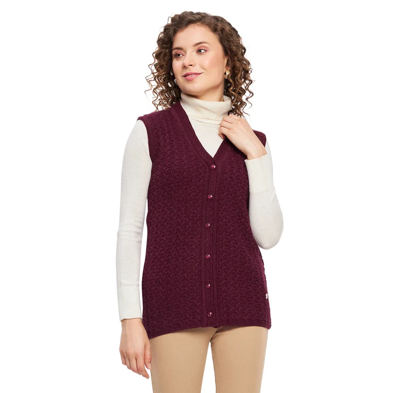 Duke Urban Women Sleeveless Self Design Cardigan (LQS9788) Wine / L / Self Design