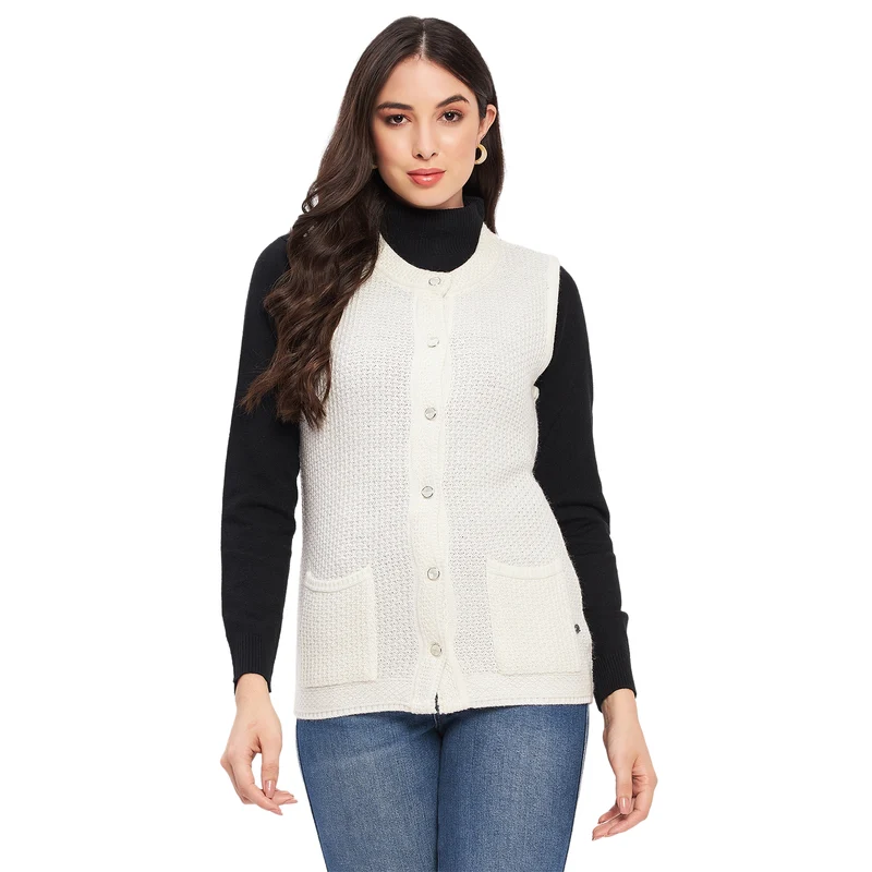 Duke Urban Women Sleeveless Self Design Cardigan (LQS9789) Off White / M / Self Design