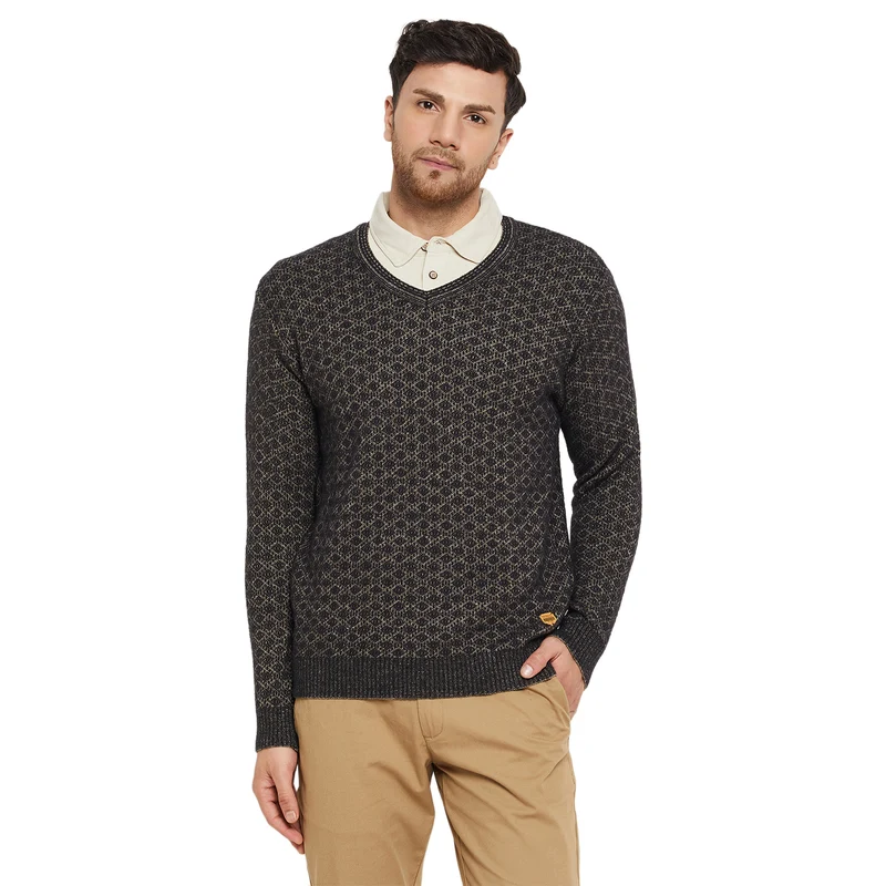 Duke Urban Men Full Sleeve V Neck Sweater (SDS2130) Black / XL / Self Design