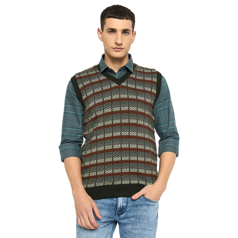 Duke Urban Men Sleeveless V Neck Reversible Sweater (SDS2168) Black/Olive / S / Self-Design