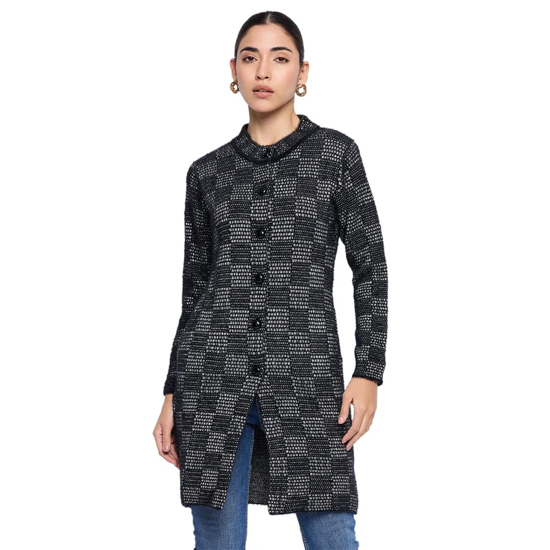 Duke Urban Women Full Sleeve Round Neck Long Coat (SDS1206) Black / XXL / Self Design