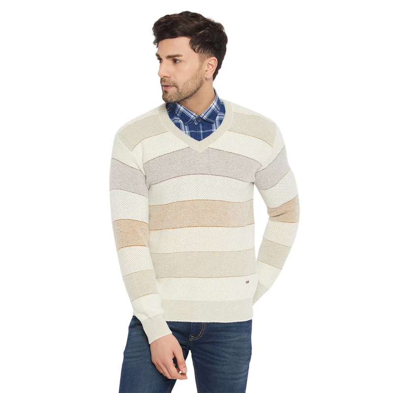 Duke Urban Men Full Sleeve V-Neck Sweater (SDS2128) Khaki / XXL / Striped