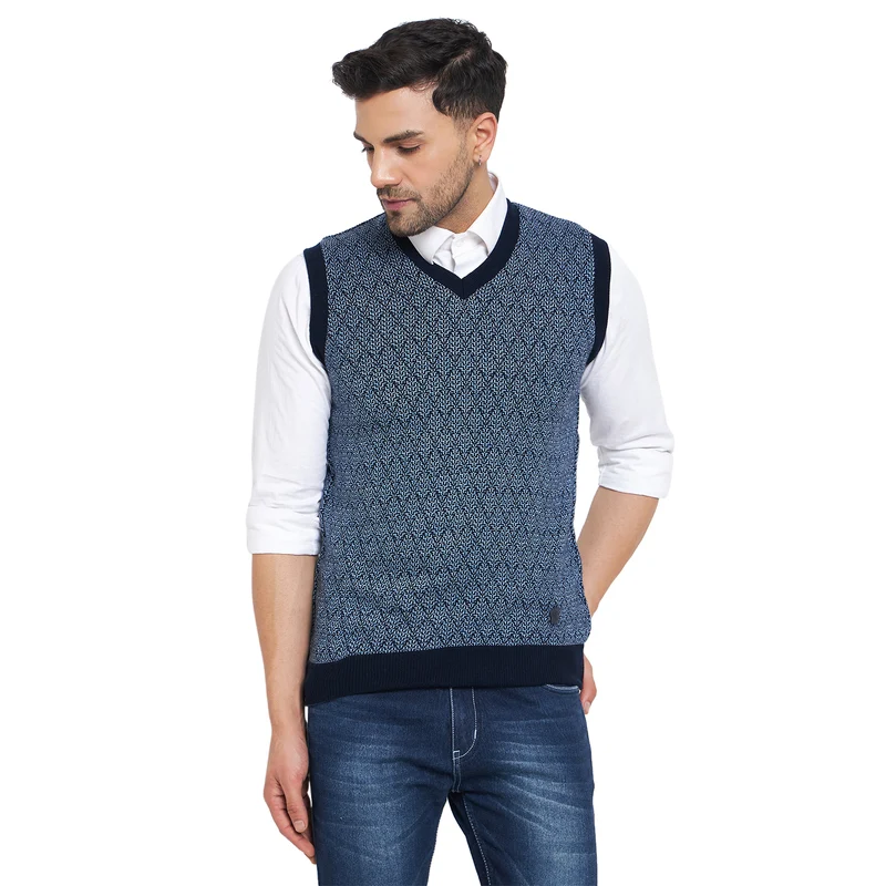 Duke Urban Men Sleeveless V Neck Reversible Sweater (SDS2174) Navy/Inkblue / L / Self Design