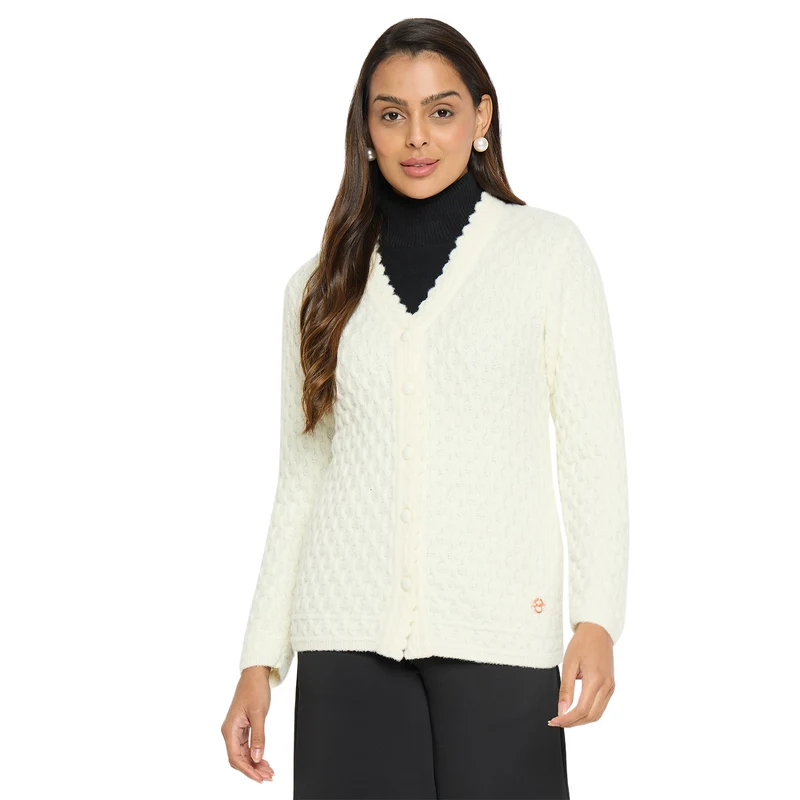 Duke Urban Women Full Sleeve V-Neck Cardigan (SDS1158) Off White / L / Self Design
