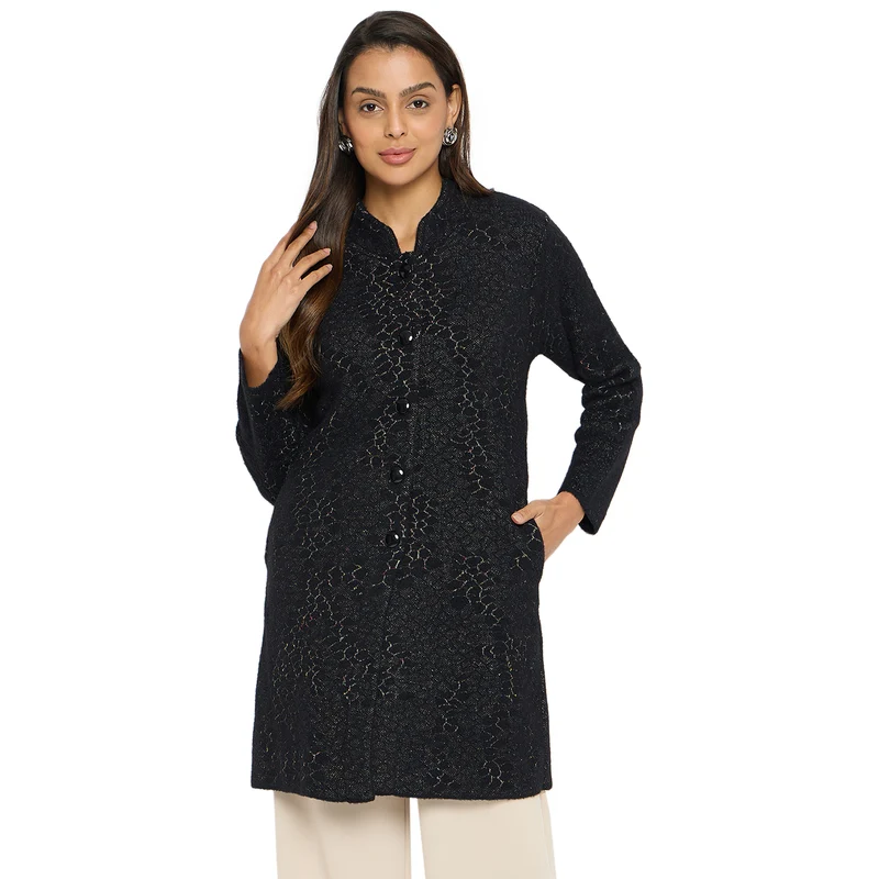 Duke Urban Women Full Sleeve Long Coat (SDS1260) Black / XXL / Self Design