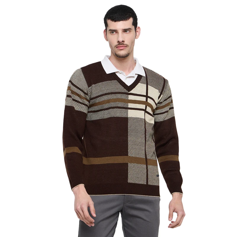 Duke Urban Men Full Sleeve V Neck Sweater (SDS2137C) Mocha / S / Self Design