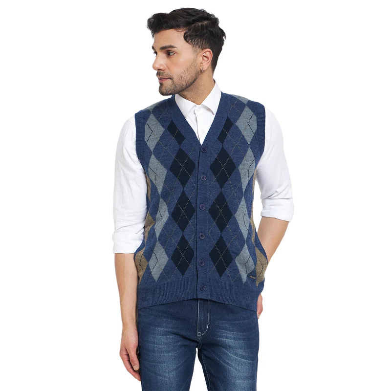 Duke Urban Men Sleeveless V Neck Cardigan (SDS2166B) Denim / XXL / Self Design