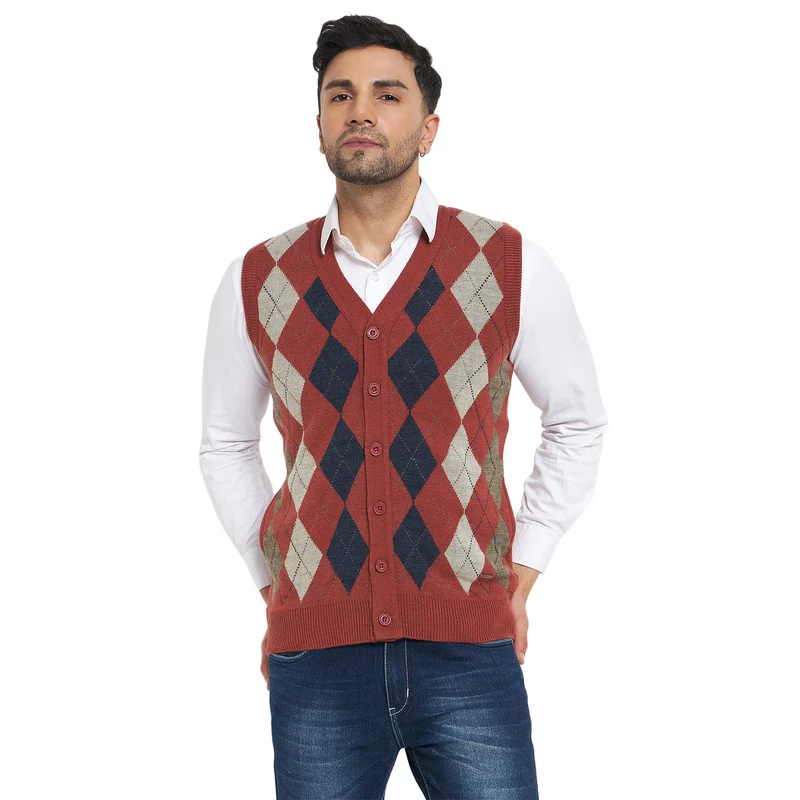Duke Urban Men Sleeveless V Neck Cardigan (SDS2166B) Rust / M / Self Design