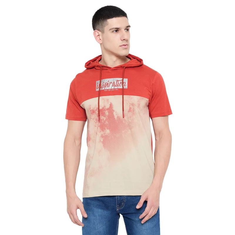 Duke Urban Men Half Sleeve Cotton Hooded Smart Fit T-Shirt (LF7228) Rust / XL / Printed