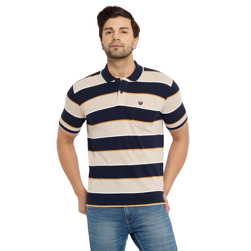 Duke Urban Men Half Sleeve Cotton T-shirt (LF7279) Beige Melange / XXL / Striped