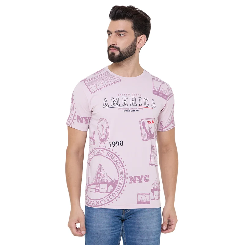 Duke Urban Men Half Sleeve Cotton Tshirt (LF7221) Lilac / M / Printed