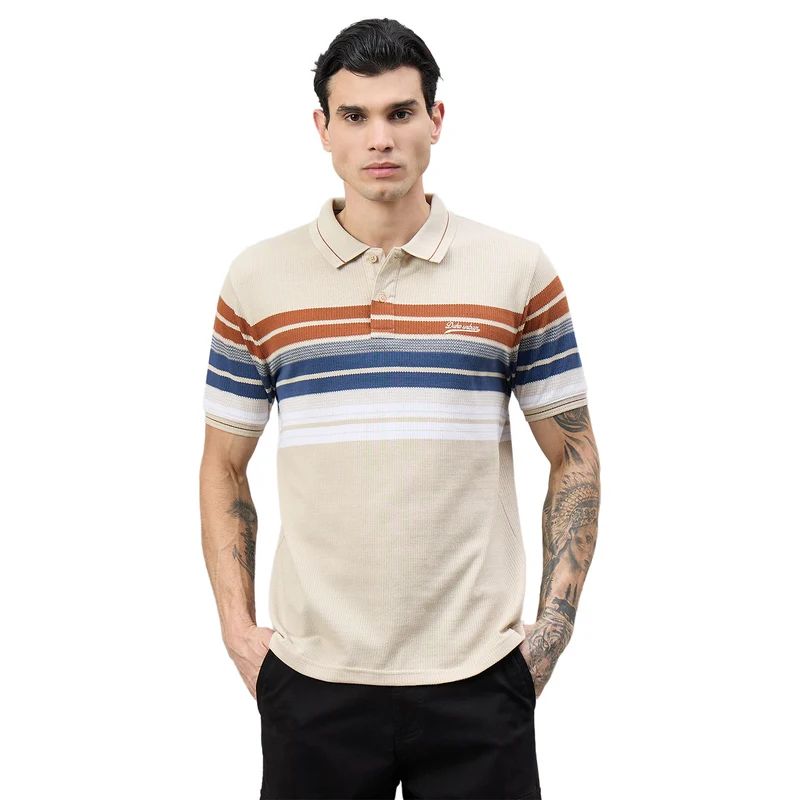 Duke Urban Men Striped Polo Neck Half Sleeve T-Shirt (LF7654) Fawn / S / Striped