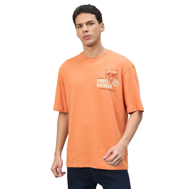 Duke Urban Men Printed Half Sleeve Round Neck Oversized Tshirt (LF7681) Orange / L / Printed