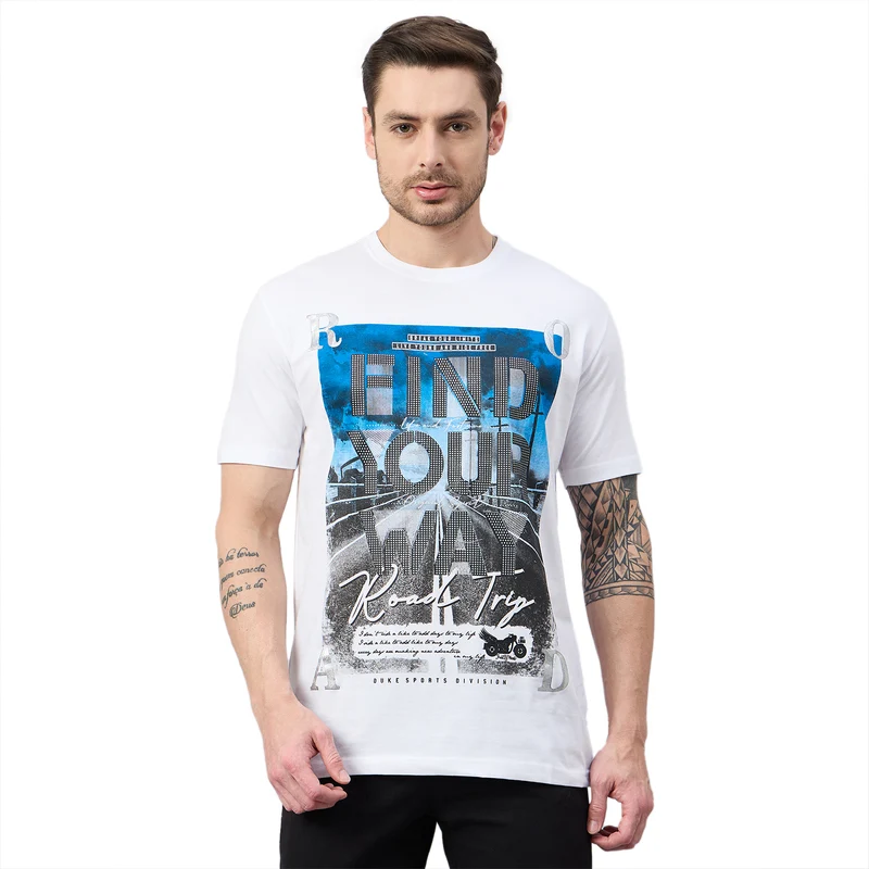 Duke Urban Men Half Sleeve Cotton Tshirt (ON1002) White / XL / Printed