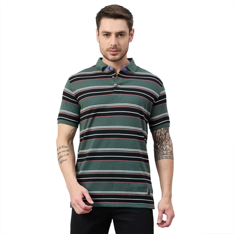 Duke Urban Men Half Sleeve Cotton Polo Tshirt (ON1426) Stone Green / M / Striped