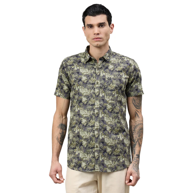Duke Urban Men Military Camouflage Half Sleeve Slim Shirt (SDO6PRIF) Olive / M / Military Camouflage
