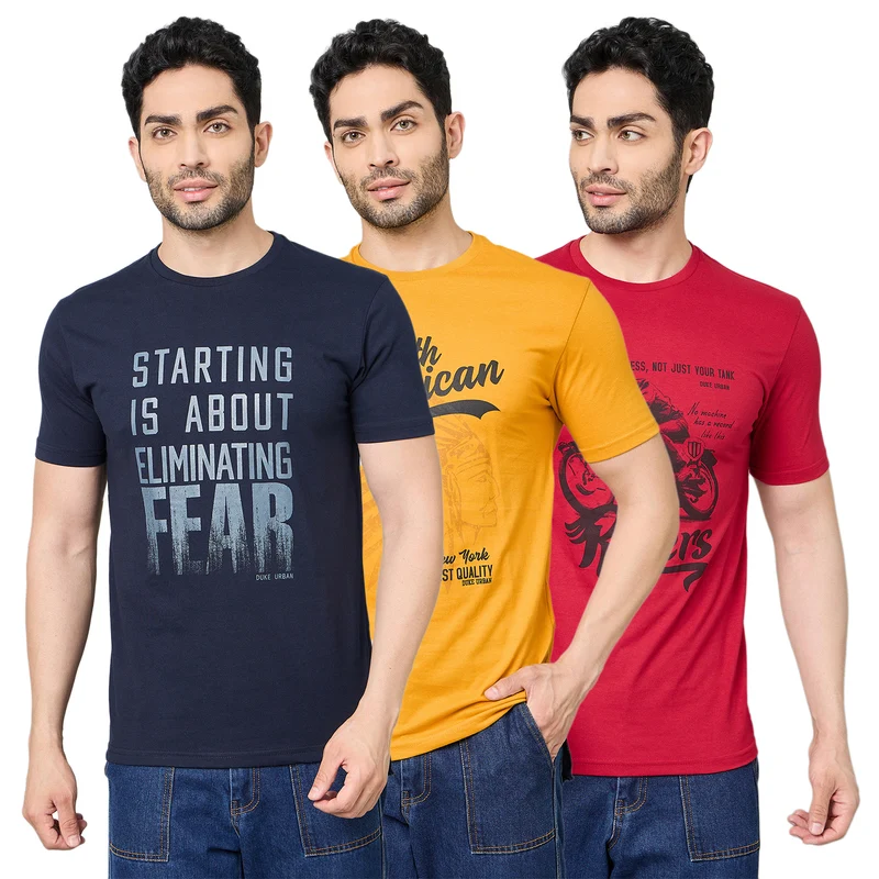 Duke Urban Men Half Sleeve Cotton Tshirt- Pack of 3 (SDVP41) Times Square / L / Printed