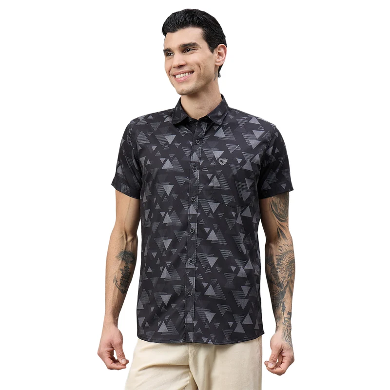 Duke Urban Men Geometric Print Half Sleeve Slim Shirt (SDO6PRIM) Black / L / Geometric Print