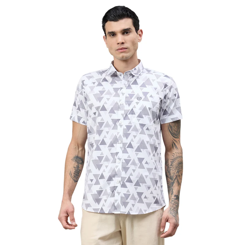 Duke Urban Men Geometric Print Half Sleeve Slim Shirt (SDO6PRIM) White / M / Geometric Print