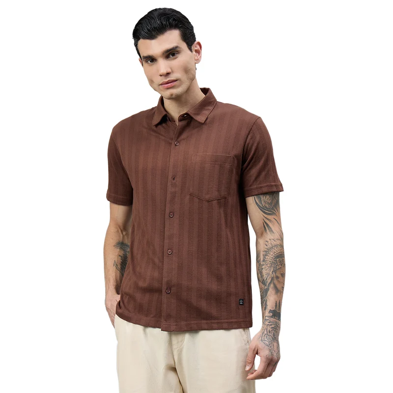 Duke Urban Men Striped Half Sleeve Spread Collar Regular Shirt (LF7662) Brown / XL / Striped