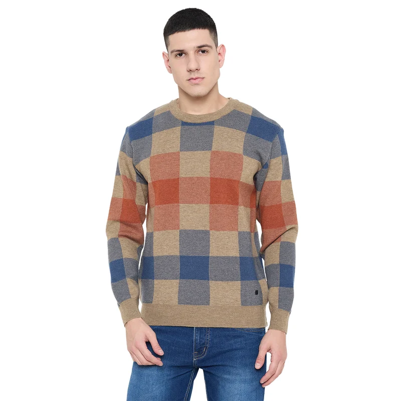 Duke Urban Men Round Neck Sweater (SDS2266) Tan / M / Checkered
