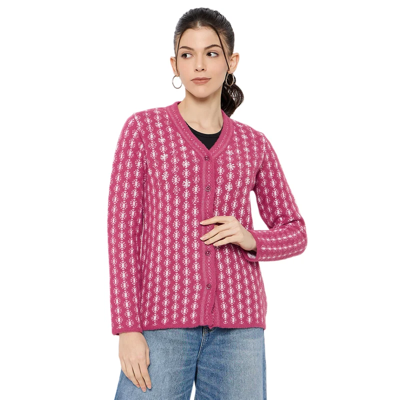 Duke Urban Women Full Sleeve Front Open Sweater (SDS1338) Pink / M / Self Design