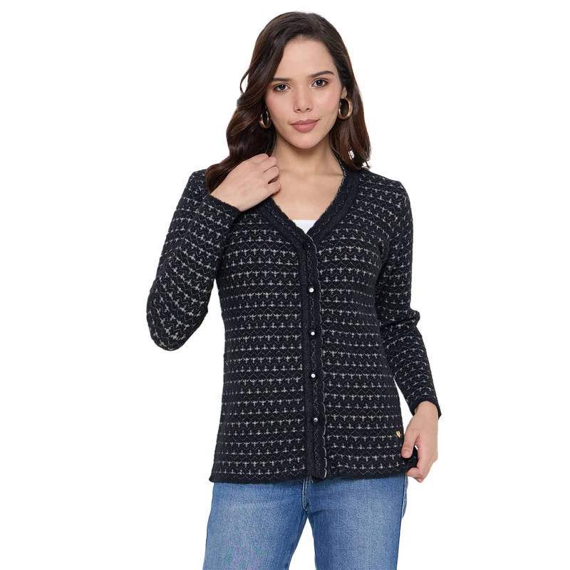 Duke Urban Women Full Sleeve Front Open Sweater (SDS1310) Black / S / Self Design