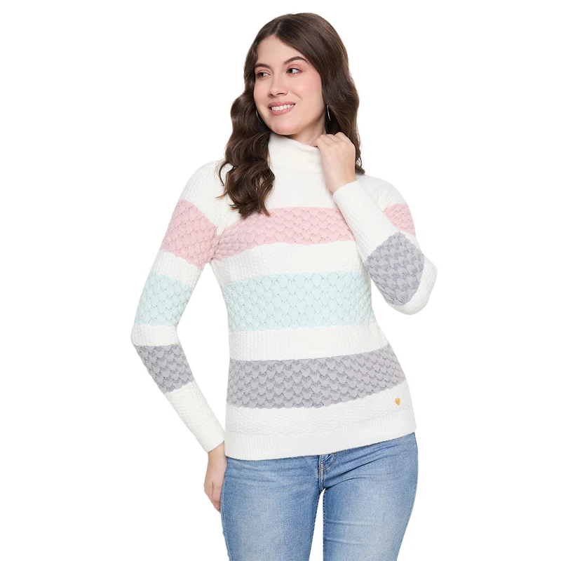 Duke Urban Women Full Sleeve High Neck Pullover (SDS1397) Off White / XL / Self Design