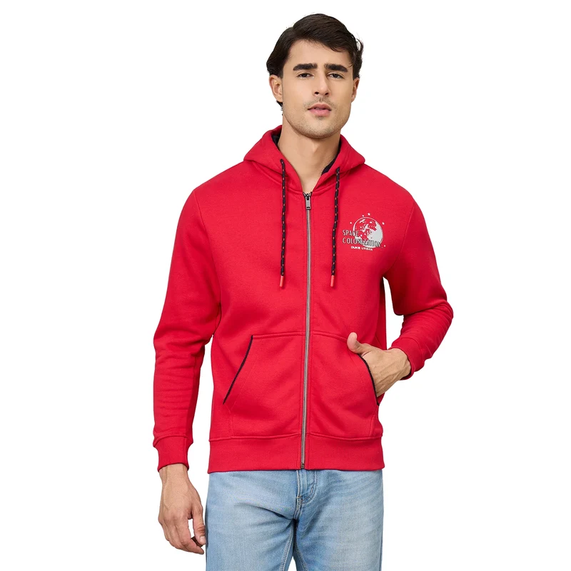 Duke Urban Men Hooded Smart fit Full Zip Sweatshirt (LF6357) Cranberry / M / Printed