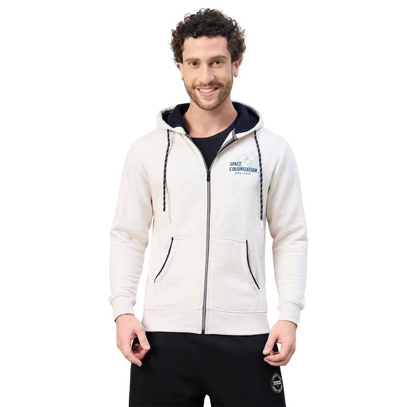 Duke Urban Men Hooded Smart fit Full Zip Sweatshirt (LF6357) Oatmeal Mix / XL / Printed