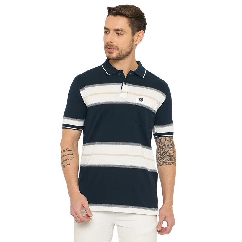 Duke Urban Men Half Sleeve Cotton Tshirt (LF7376) Navy / L / Striped