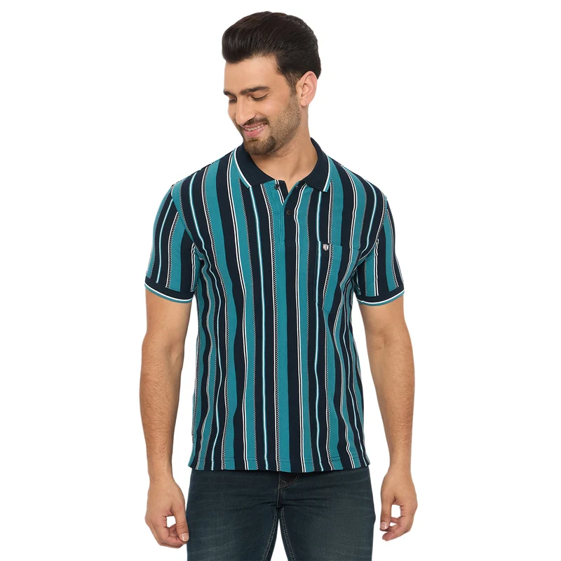 Duke Urban Men Half Sleeve Cotton Tshirt (LF7476) Teal Blue / XL / Striped