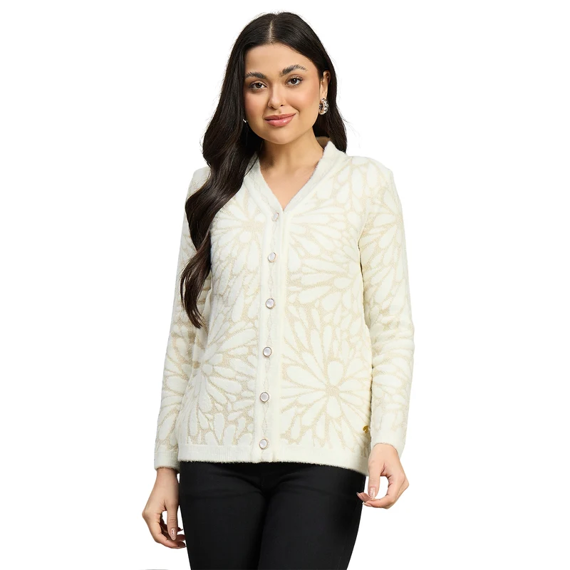 Duke Urban Women Full Sleeve Front Open Regular Cardigan (SDS1366) Off White / S / Self Design