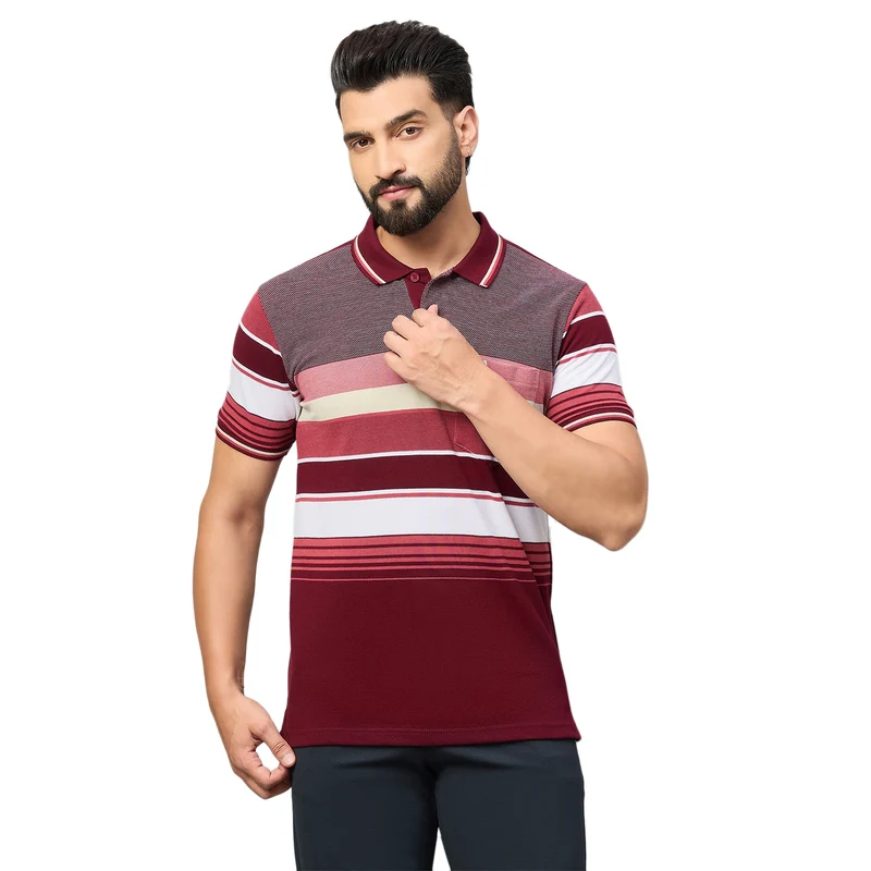 Duke Urban Men Half Sleeve Polo Cotton Tshirt (LF7463) Wine / XXL / Striped
