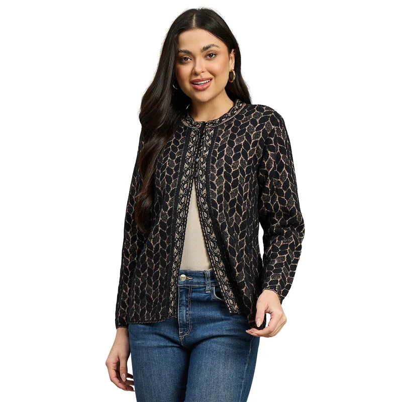 Duke Urban Women Full Sleeve Front Open Regular Fit Sweater (SDS1274) Black / XL / Self Design
