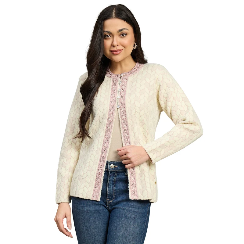 Duke Urban Women Full Sleeve Front Open Regular Fit Sweater (SDS1274) Off White / S / Self Design