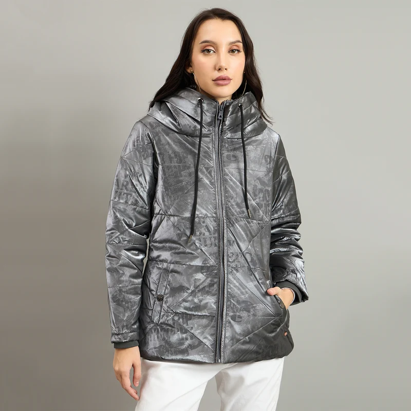 Duke Urban Women Short Style Hooded Bomber Jacket (SDZ4169) Grey / M / Textured