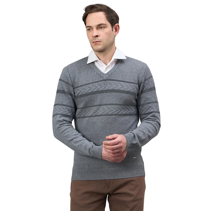 Duke Urban Men Full Sleeve V Neck Regular Sweater (SDS2226B) Ash / 3XL / Self design