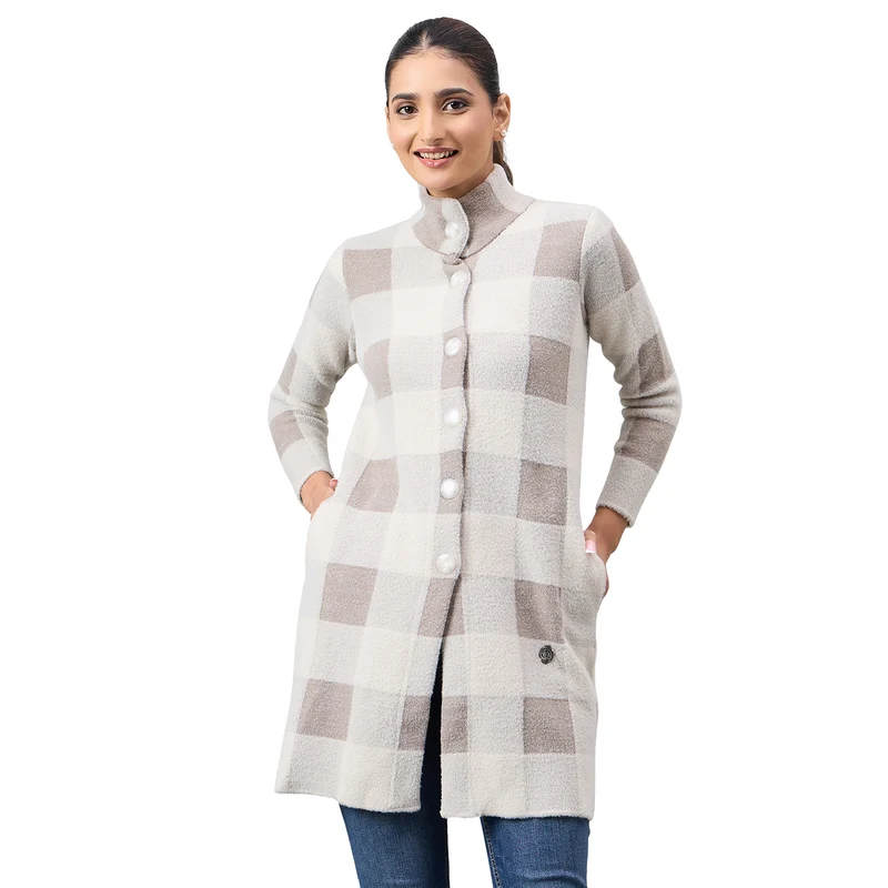 Duke Urban Women Long Coat Regular Sweater (SDS1351) Fawn / M / Checkered