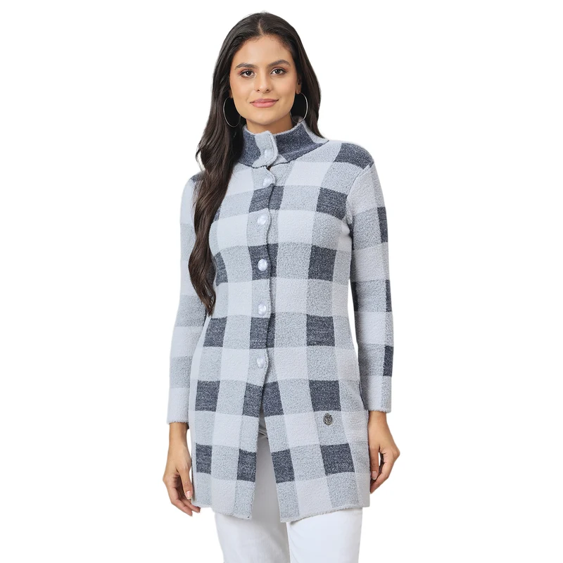 Duke Urban Women Long Coat Regular Sweater (SDS1351) Sky / S / Checkered