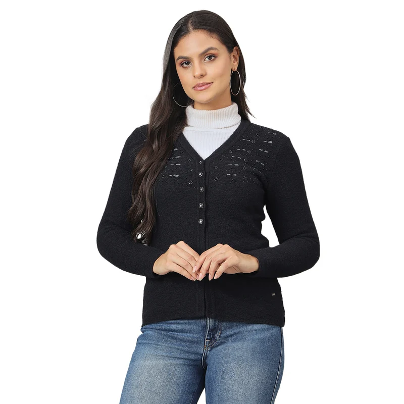 Duke Urban Women Front Open Short Sweater (SDS1407) Black / L / Self Design