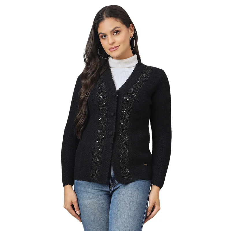 Duke Urban Women Front Open Regular Sweater (SDS1282) Black / XXL / Self Design