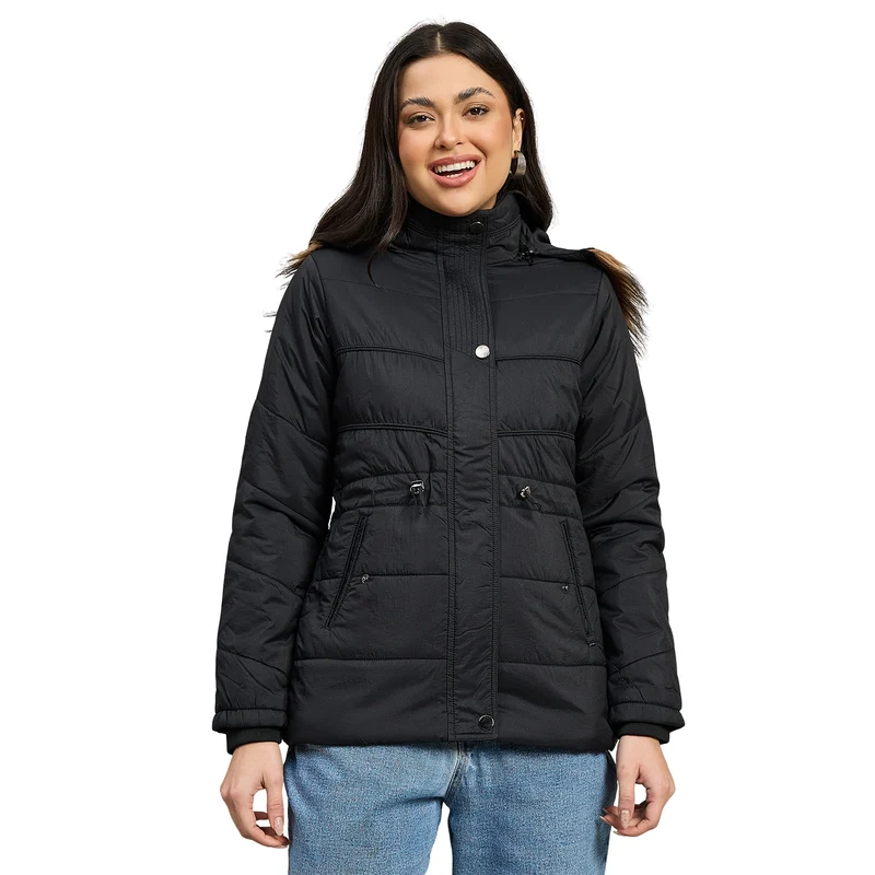 Duke Urban Women Short Style Full Sleeve Hooded Jacket (SDZ4115) Black / L / Solid