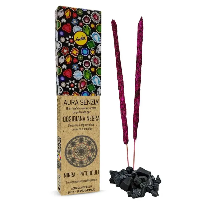 Incenso Natural AURA Mirra Patchouli + Pedra Obsidiana Negra